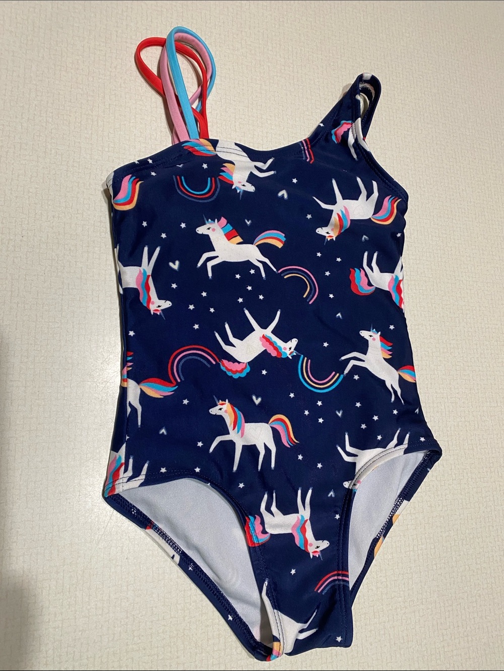 Cat & Jack Girls Navy Unicorn One-Piece Swimsuit with Rainbow Straps